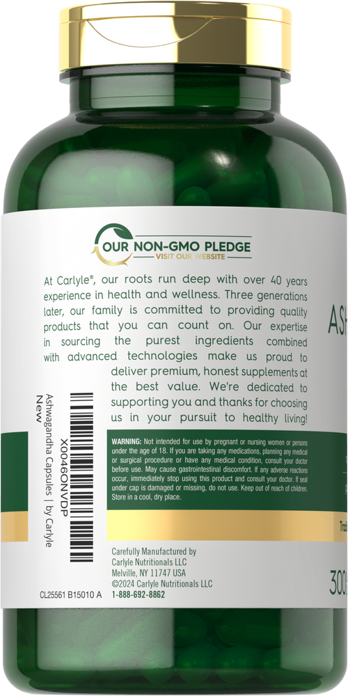 Carlyle Ashwagandha 3000mg supplement with 300 capsules is shown on a hand scale, highlighting its bulk size.