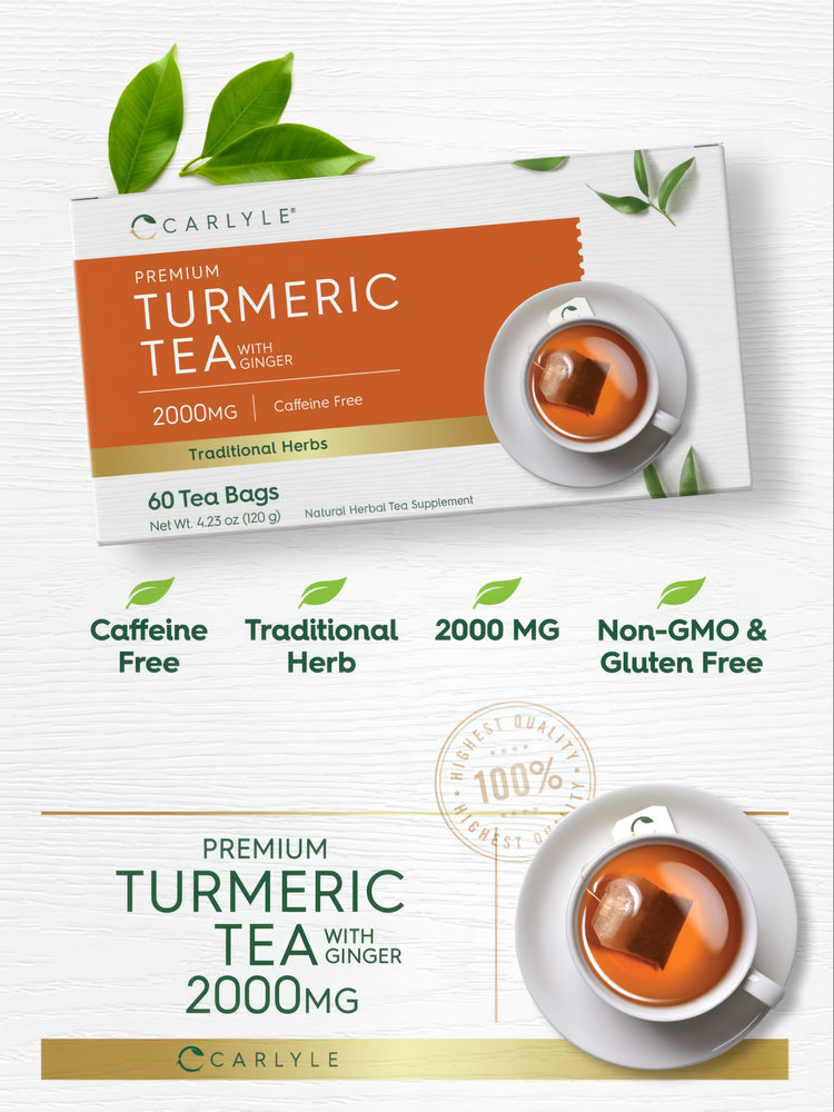 Turmeric Tea with Ginger: 60 tea bags, 2000MG, caffeine free. Traditional herbs, non-GMO, gluten free.