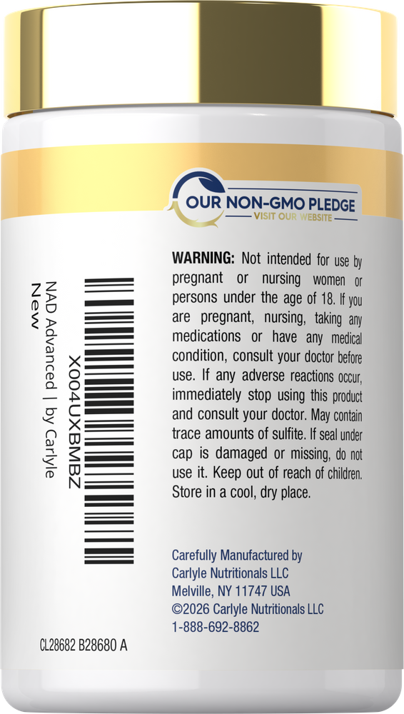 Bottle of NAD Advanced by Carlyle with 'OUR NON-GMO PLEDGE', warning, barcode 'X004UXBMBZ', and manufacturing details.