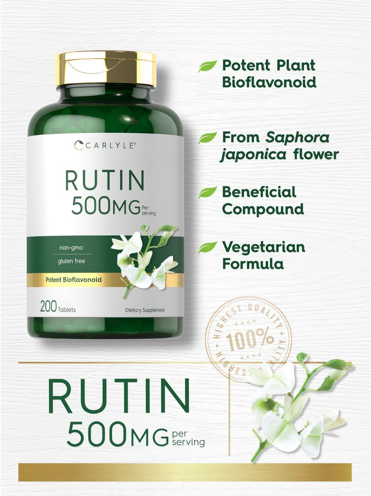 Carlyle Rutin tablets, 500 mg per serving, available in a bulk container of 200 count are shown on a hand scale.