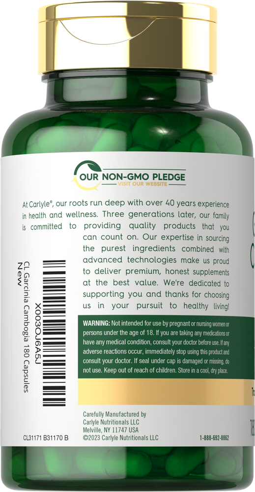 Hand holding Garcinia Cambogia 3000 mg bottle with 180 capsules.