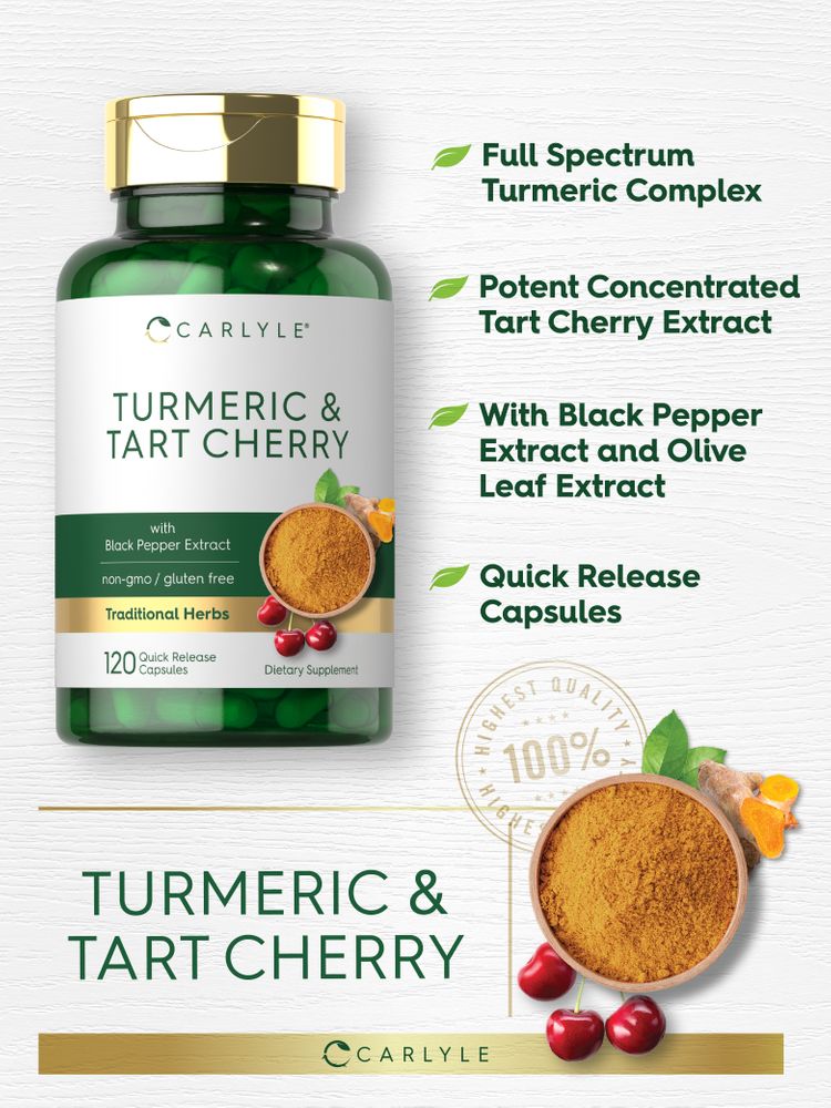 A bowl of turmeric powder, fresh tart cherries, a piece of turmeric root, and a '100% Highest Quality' stamp are shown.