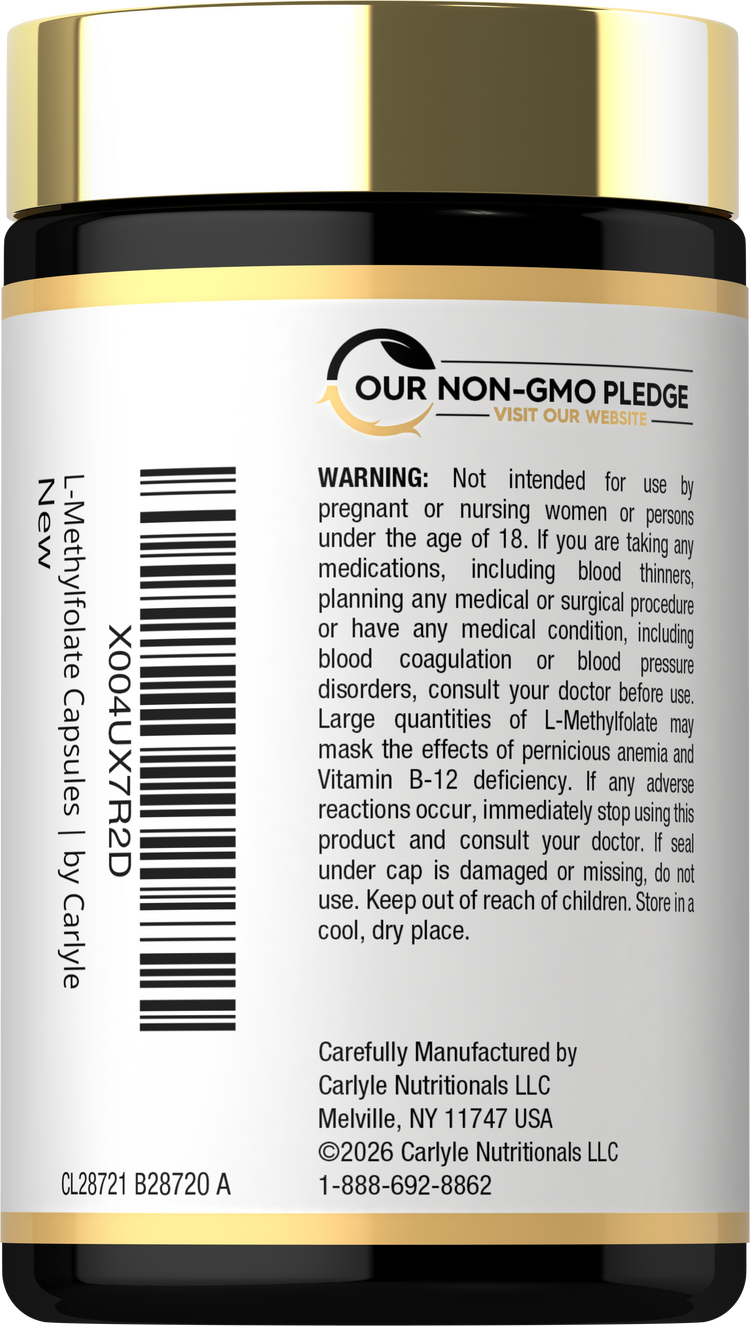 A bottle of L-Methylfolate Capsules with barcode X004UX7R2D and an 'Our Non-GMO Pledge' logo displayed.