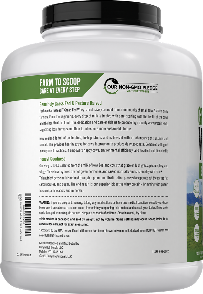 Carlyle Grass Fed Whey 5 lb unflavored tub. Label notes 'packaged and sold by weight, not by volume.'