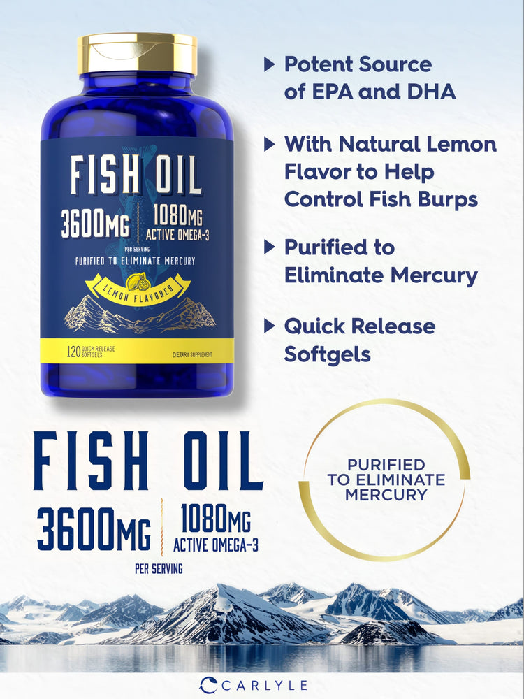 Fish Oil 3600mg softgels with 1080mg Omega-3 for quick release; 120 count.