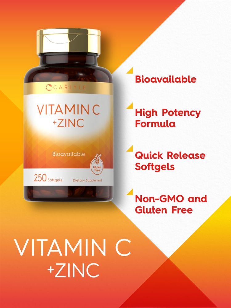 Hand holding Carlyle Vitamin C + Zinc bottle containing 250 softgels, highlighting bulk size supplement packaging.