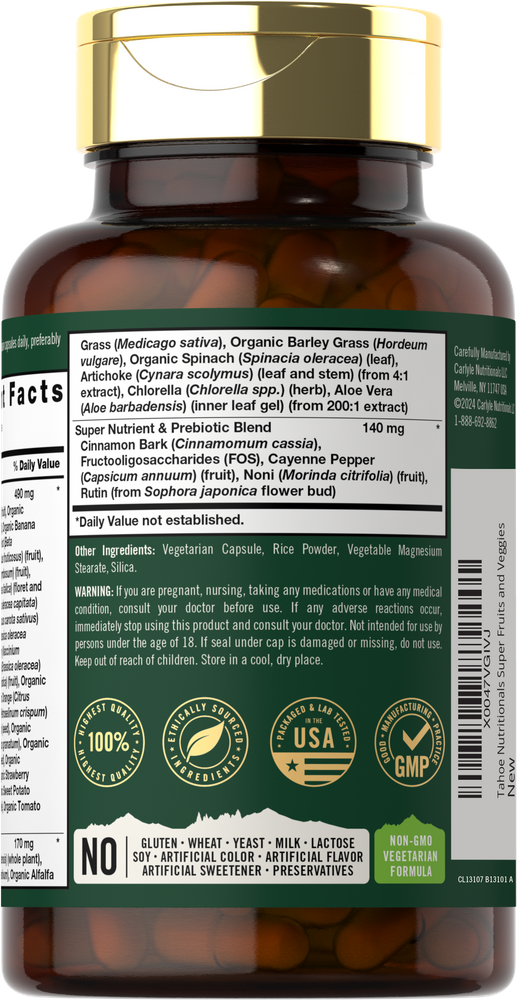 Carlyle Super Fruits & Veggies 90 Capsules bottle on a hand scale for comparison.