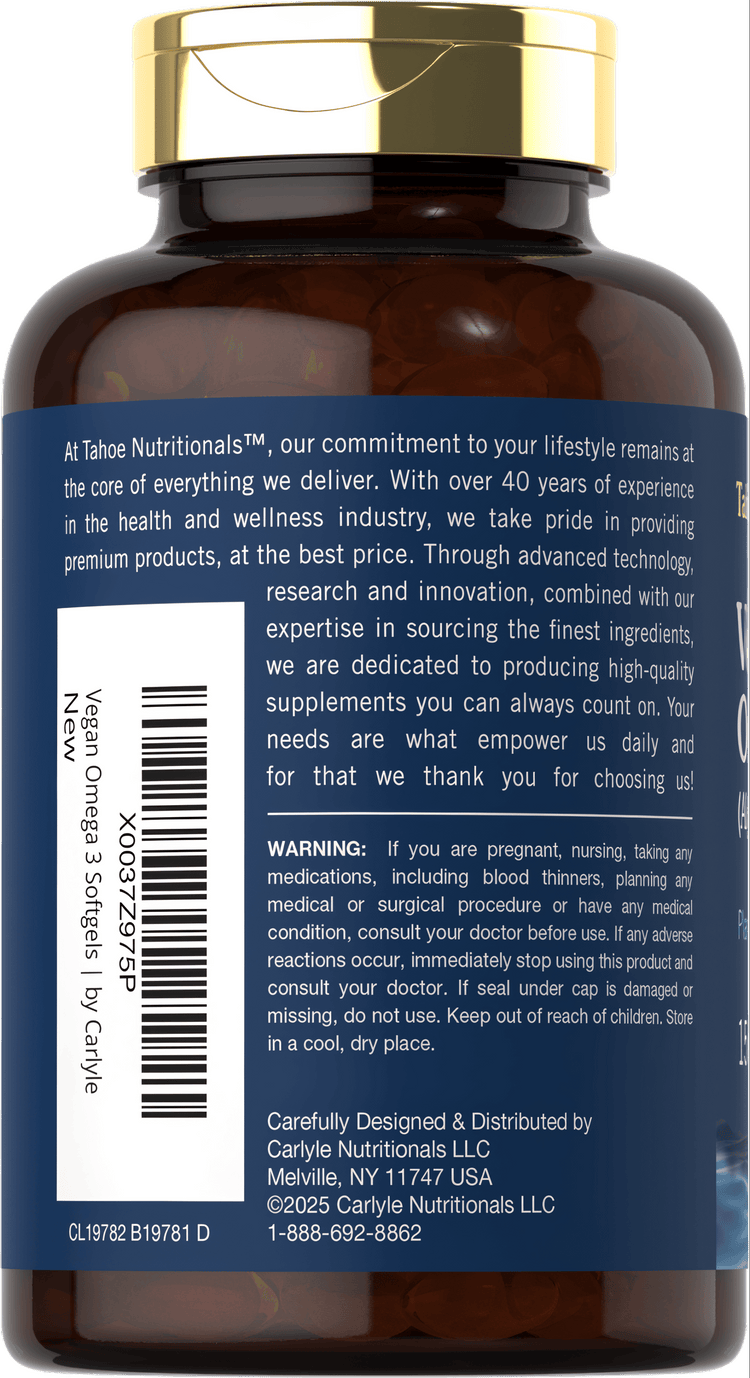 Tahoe Nutritionals Vegan Omega 3 Algae Oil with 150 softgels on a hand scale.