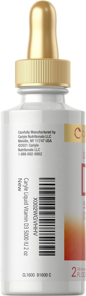 Bottle of Carlyle Liquid Vitamin D3 supplement, 5000 IU, 2 OZ size, shown for scale in a hand, suitable for bulk use.