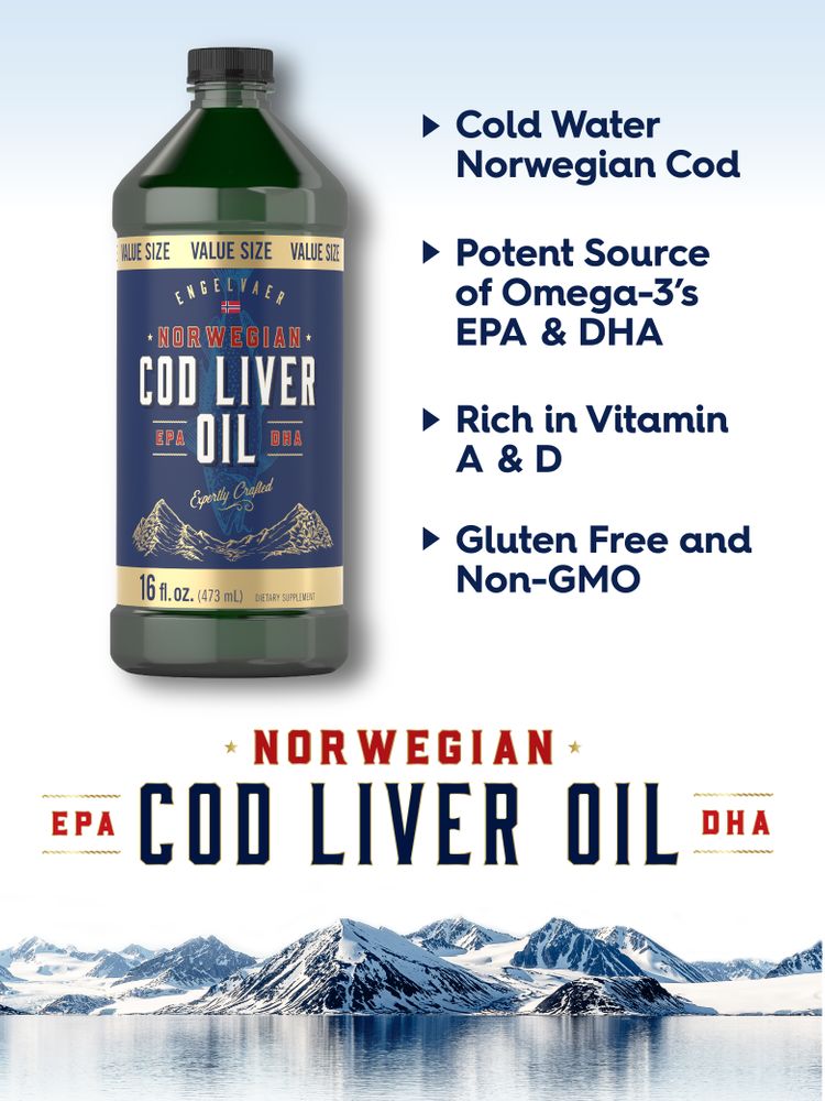 Bottle of Norwegian Cod Liver Oil, 16 fl. oz. (473 mL), shown for size reference next to a hand.