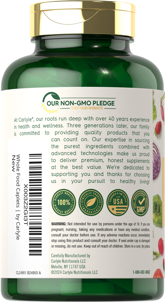 Back of Carlyle Raw Whole Food + Vitamin C 180 Caplets bottle, showing Non-GMO pledge and focus on quality manufacturing.