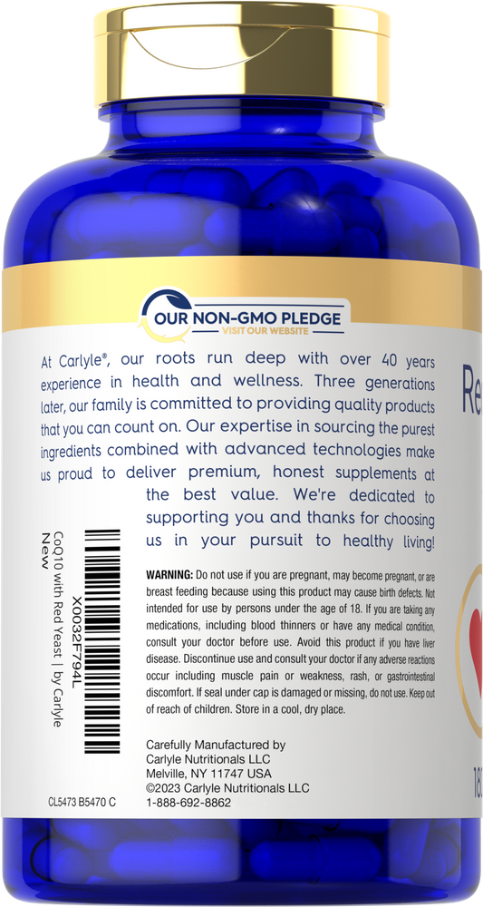 Carlyle CoQ10 with Red Yeast Rice, displayed as 180 capsules on hand scale.