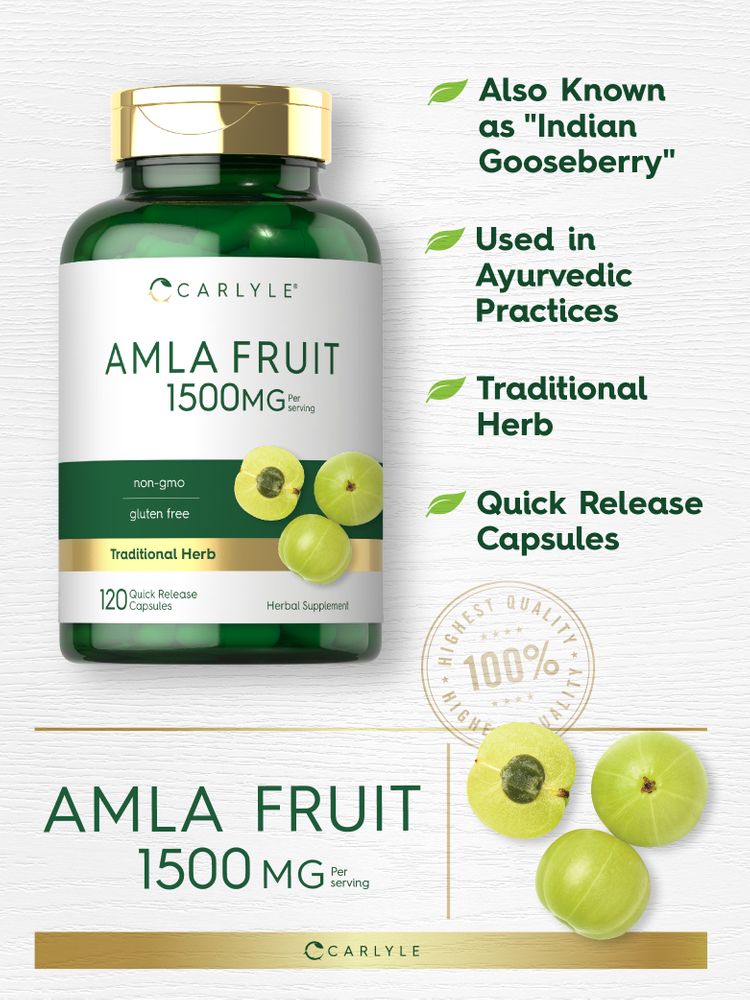 Carlyle Amla Fruit 1500 mg Quick Release Capsules, 120 count, featuring fresh Amla fruits.