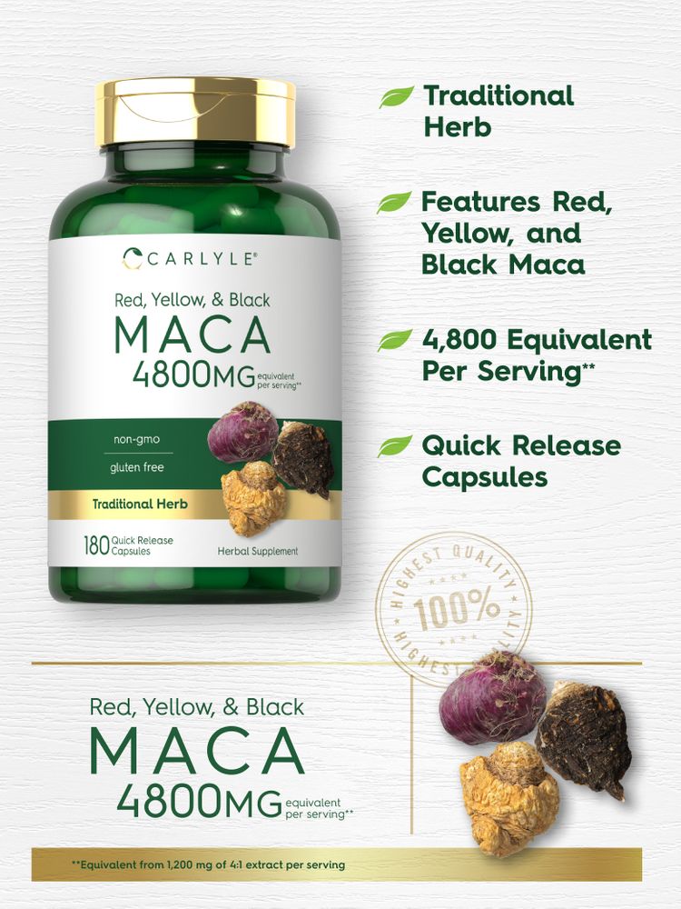 Carlyle Maca 4800mg equivalent per serving, 180 Quick Release Capsules displayed on a hand scale.