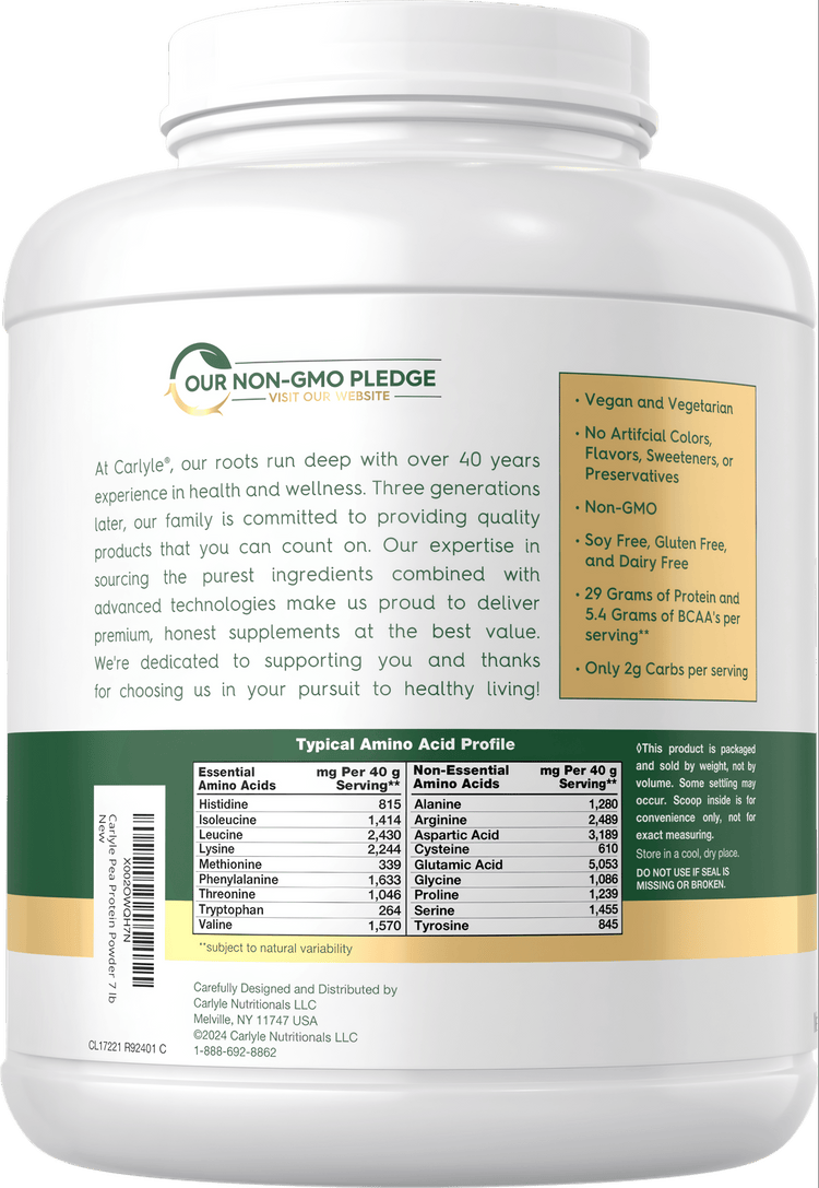 A 7 lb container of pea protein powder designed for bulk scale use, shown on a hand scale for measurement.