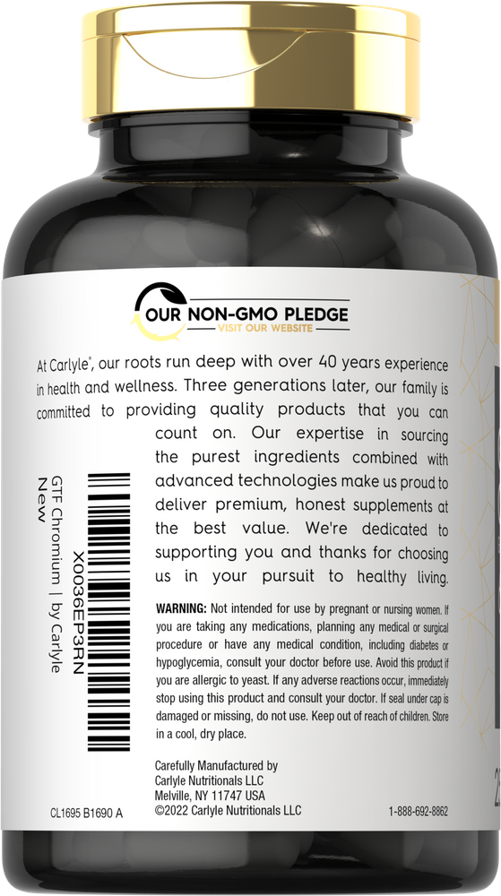 A bottle of GTF Chromium containing 600 mcg of chromium per serving with 250 capsules inside, shown on a hand-scale.