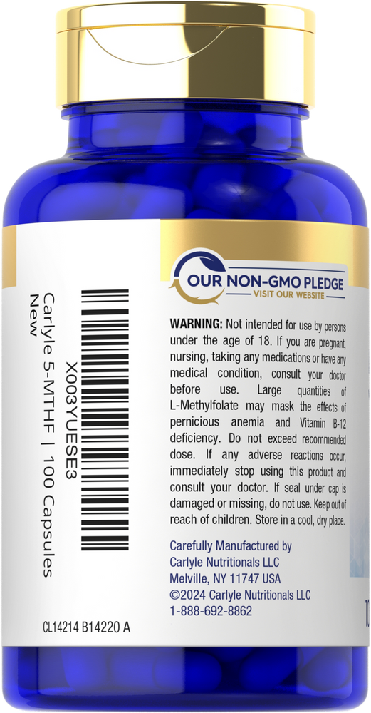 Hand holding Carlyle 5-MTHF 15 mg bottle containing 100 capsules.
