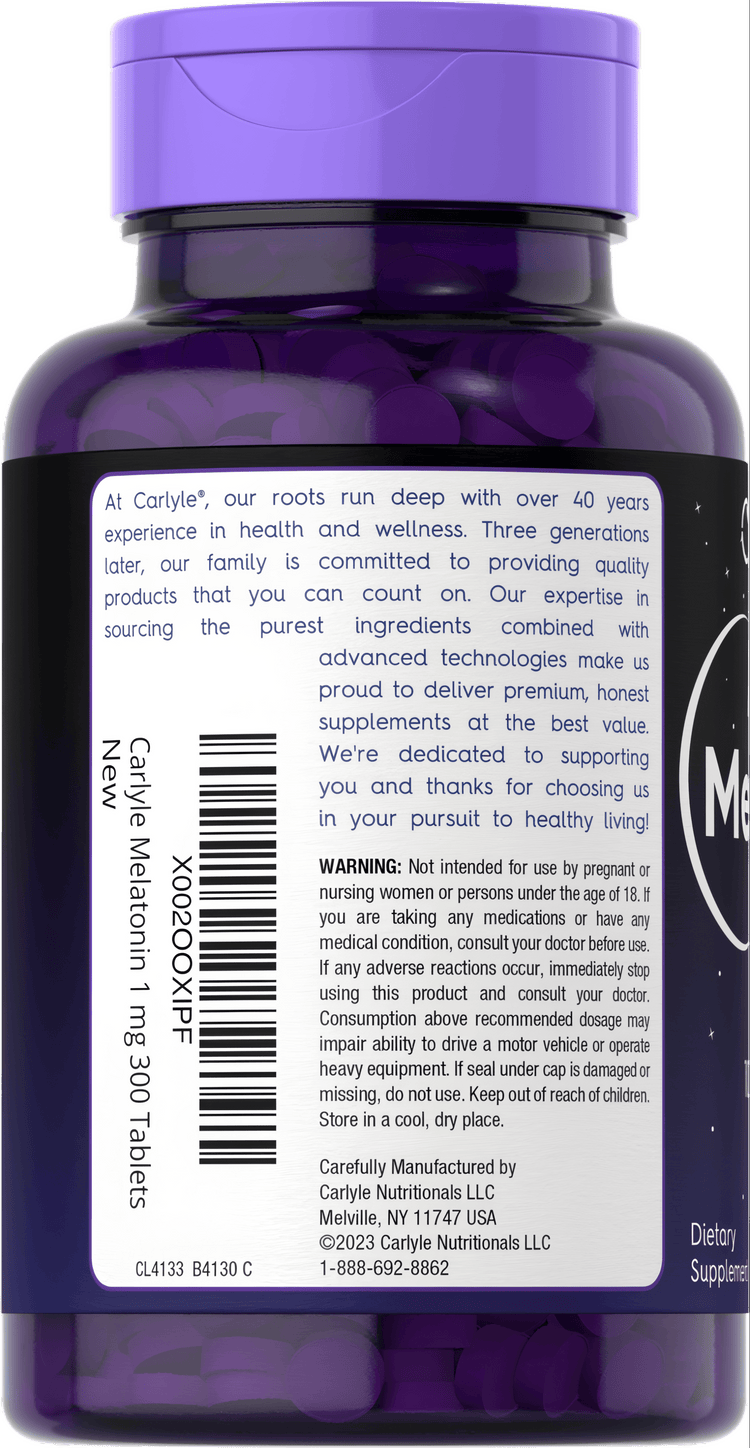 A hand holding a bulk container of Carlyle Melatonin 1 mg, containing 300 tablets, showcasing the product size and packaging.