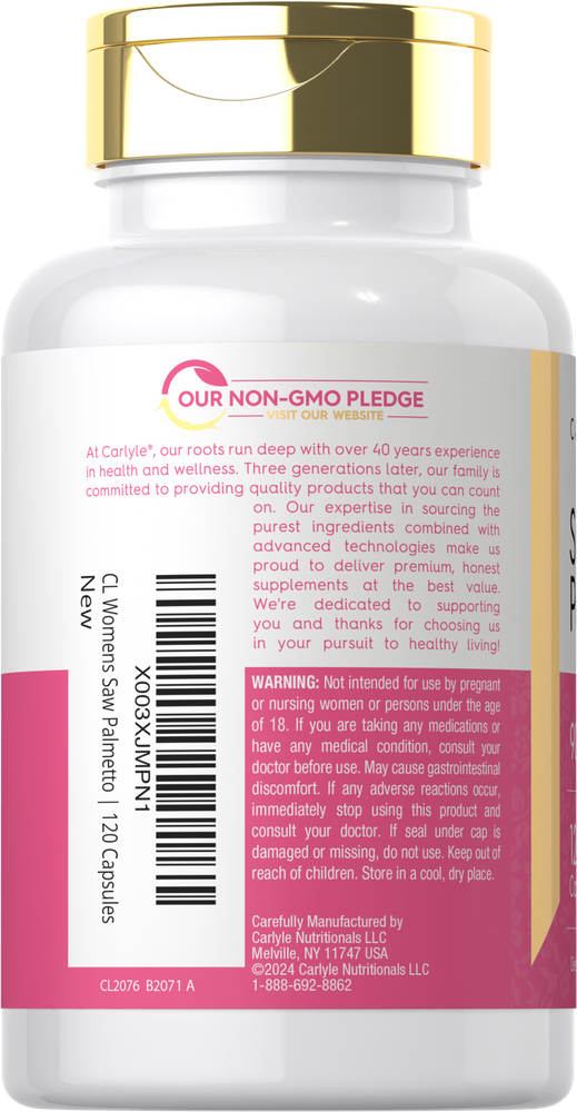 Carlyle Saw Palmetto 900mg (450mg x 2) supplement for women with 120 capsules, shown on a hand scale with bulk display.