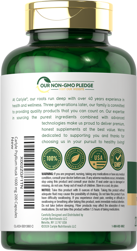 Carlyle Psyllium Husk 1600 mg bottle containing 200 capsules placed on a hand scale, highlighting the product's size and weight.