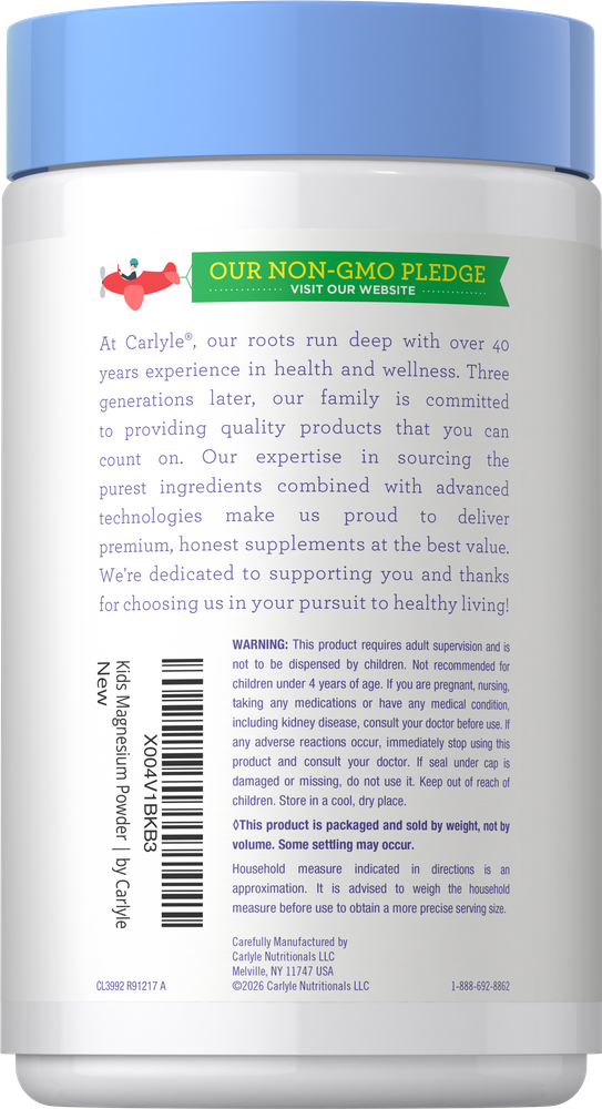 A 16 oz tub of Kids Magnesium Powder on a hand scale, showcasing measurement accuracy for easy bulk use.