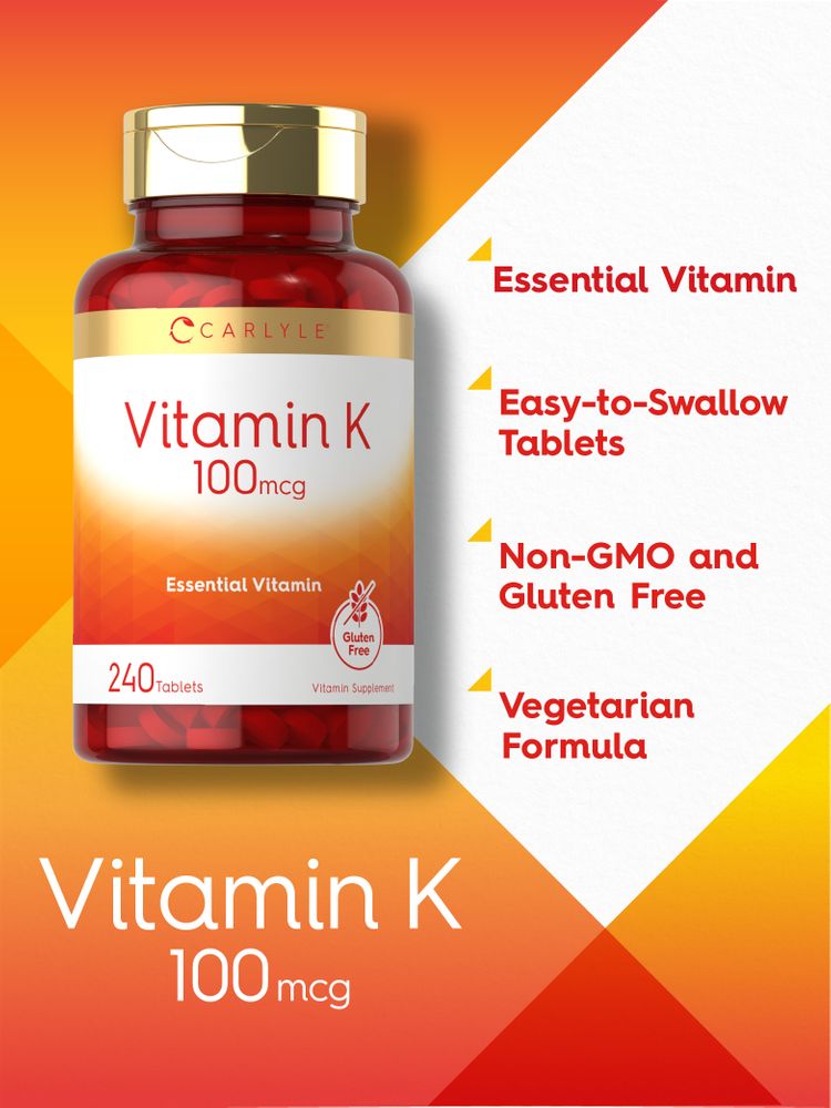 Red Vitamin K 100 mcg tablets, 240 count, shown inside a Carlyle bottle on display.