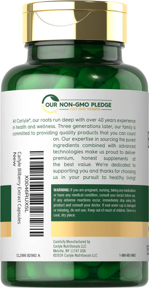 Carlyle Bilberry Extract Capsules held in hand, showing size and scale for easy use and consumption.