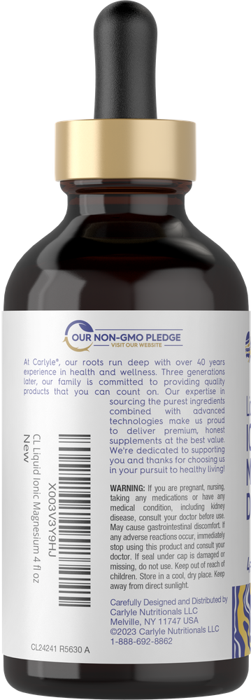 A 4 fl oz liquid bottle of CL Carlyle Liquid Ionic Magnesium resting on a hand, suitable for bulk scale measurement.