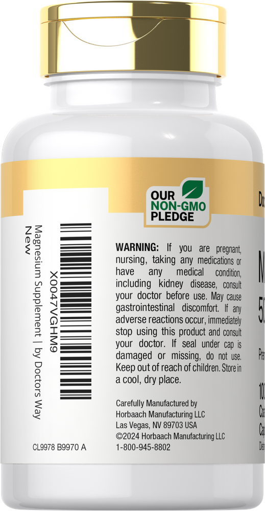 Doctors Way Magnesium Supplement bottle, 500mg, 100 tablets. Includes Non-GMO Pledge seal.