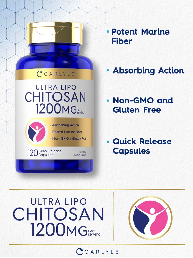 Ultra Lipo Chitosan 1200mg quick release capsules, 120 count bottle shown on a hand scale.
