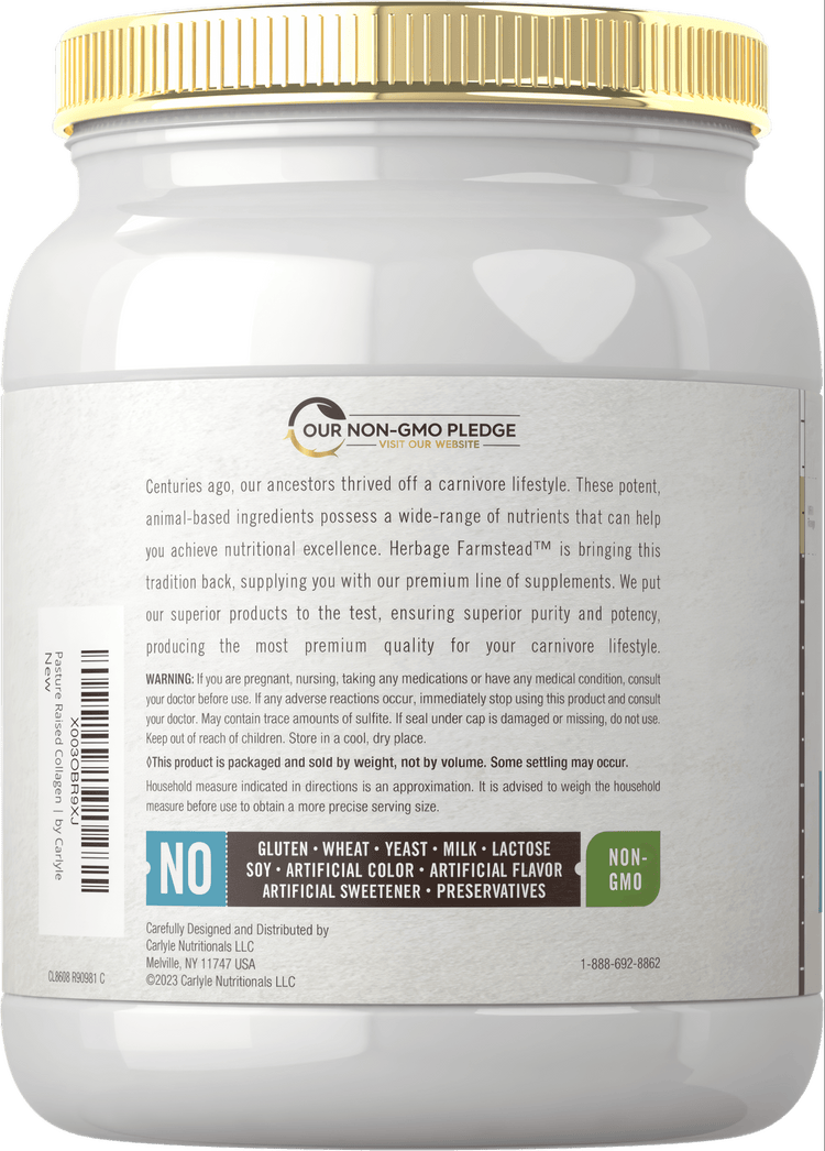Herbage Farmstead Pasture Raised Collagen powder in a white jar with a gold lid.