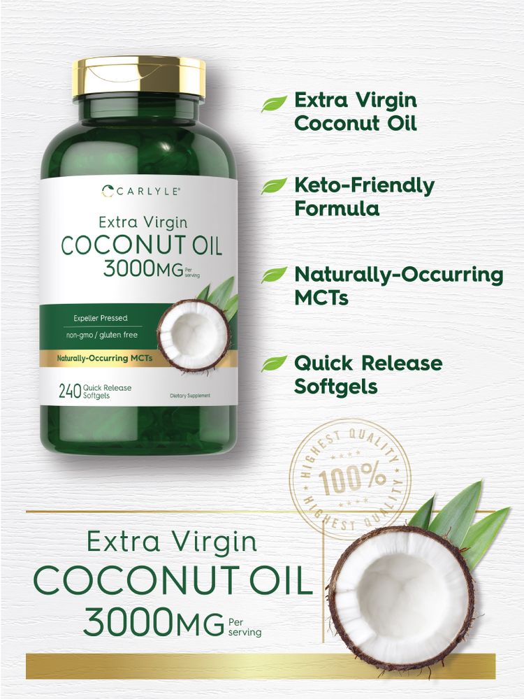 Carlyle Extra Virgin Coconut Oil, 3000 MG per serving, in 240 quick release softgels.