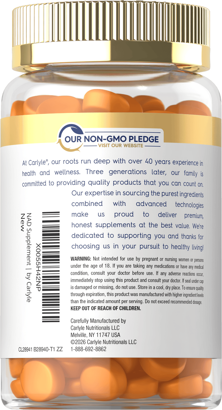 Carlyle NAD 60 Gummies in a clear bottle with a gold cap, featuring an 'Our Non-GMO Pledge' logo.