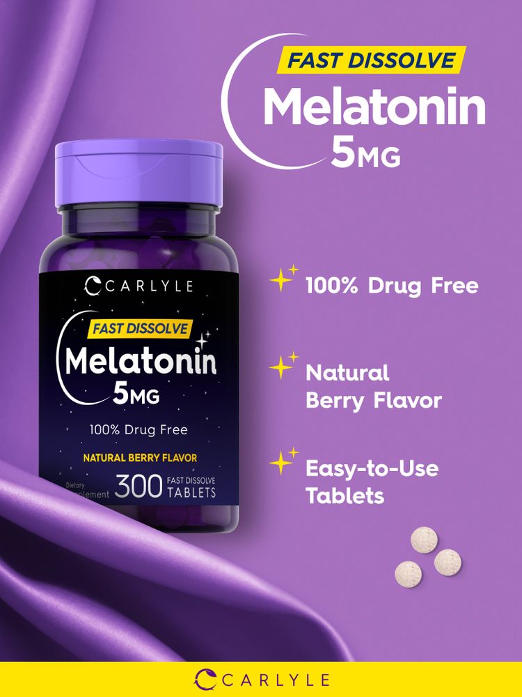 Display of three 5 mg Melatonin fast-dissolve tablets on a hand scale, highlighting their dosage and form.