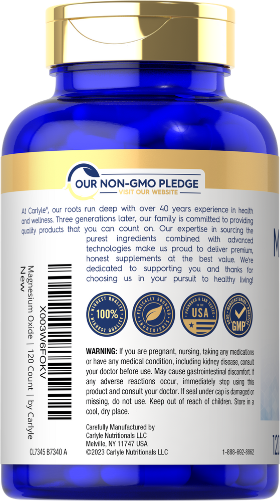 A bottle of 120 Magnesium Oxide 500 mg capsules.