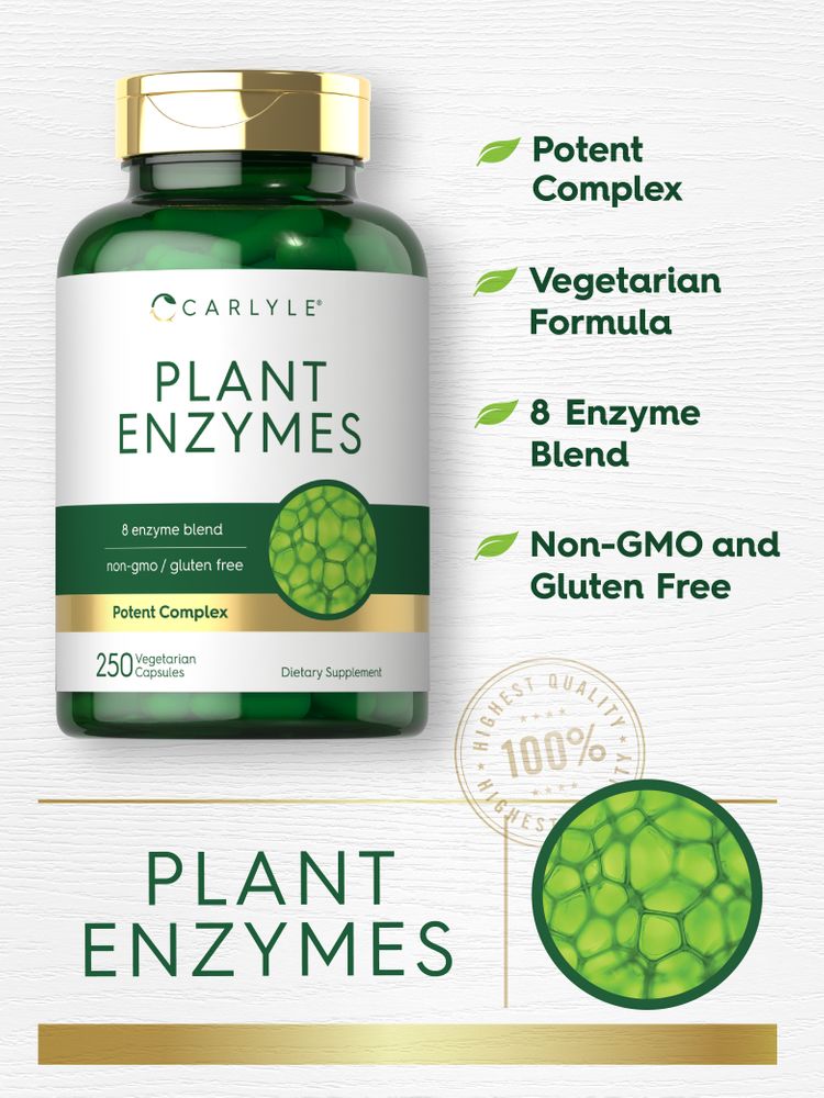 Plant Enzymes 250 Veg Caps bottle with Potent Complex, Vegetarian Formula, 8 Enzyme Blend, Non-GMO, and Gluten Free claims.