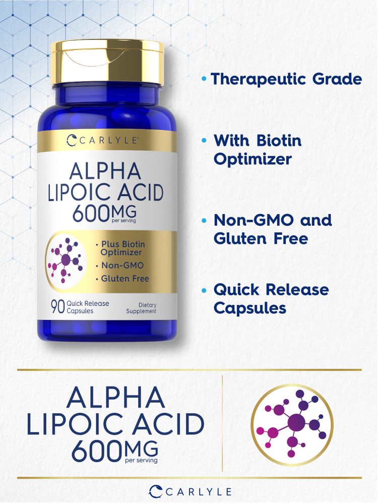 Graphic highlights: Therapeutic Grade, With Biotin Optimizer, Non-GMO, Gluten Free, Quick Release Capsules.