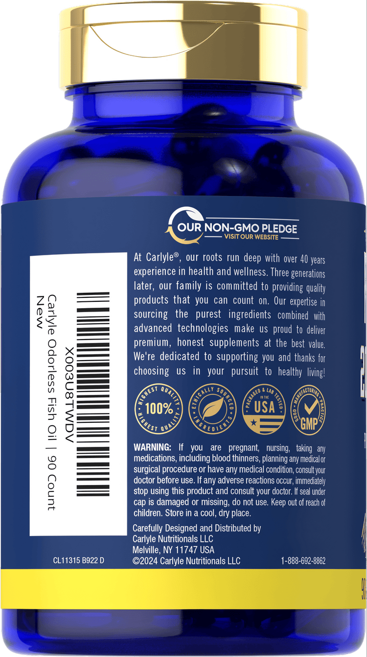 Carlyle Odorless Fish Oil bottle containing 90 softgels placed on a hand scale, emphasizing the product's lightweight nature.