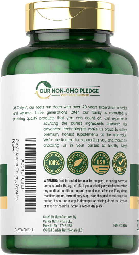 A hand holds a bulk scale with Carlyle Korean Ginseng green capsules displayed, emphasizing the product's herbal supplement form.