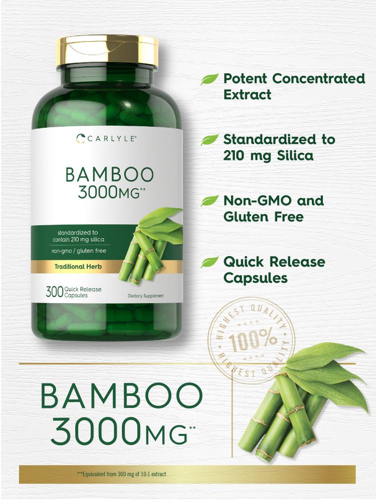 Quick release capsules of Bamboo Extract, 3000mg, 300 count, shown being weighed on a hand scale.