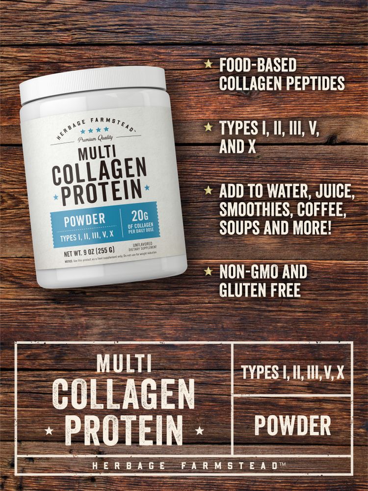 Herbage Farmstead Multi Collagen Protein Powder, weighing 9 oz (255 g), with image showing the product on a hand scale.