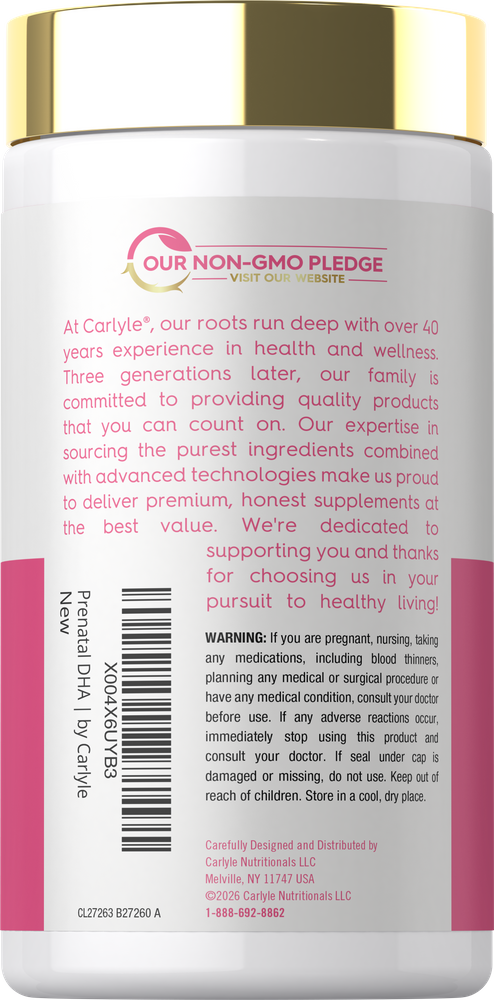 A bottle of Prenatal DHA containing 180 softgels resting on a hand for scale, emphasizing its compact size and easy handling.