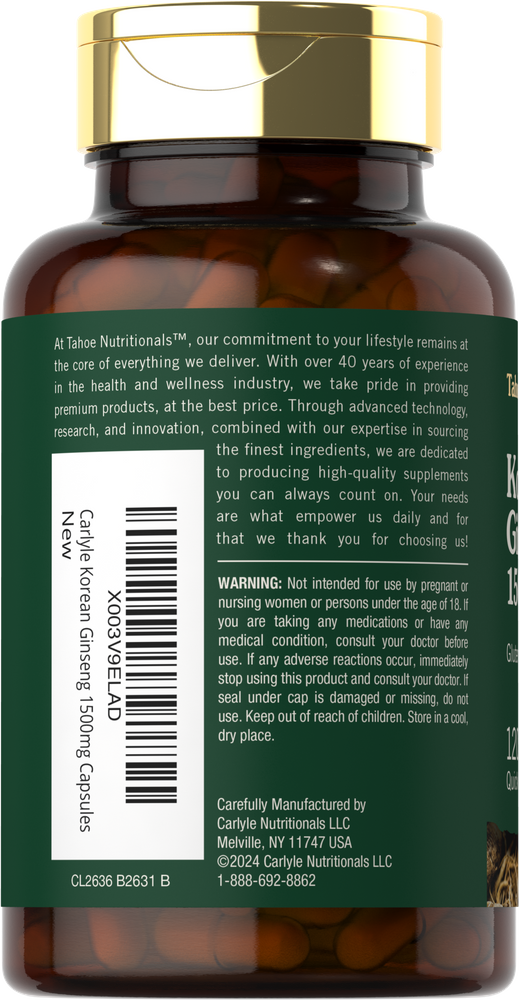 Carlyle Korean Ginseng 1500mg Capsules shown on a hand scale to indicate weight and quantity for bulk purchase.