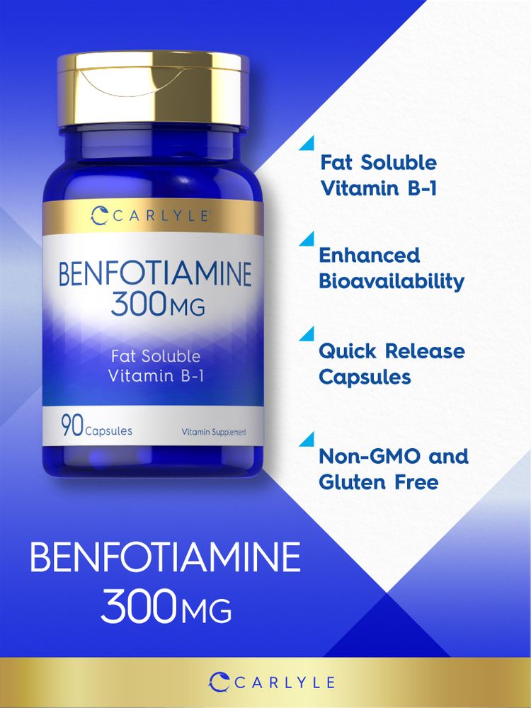 Product highlights graphic stating Fat Soluble Vitamin B-1, Enhanced Bioavailability, Quick Release Capsules, Non-GMO and Gluten Free