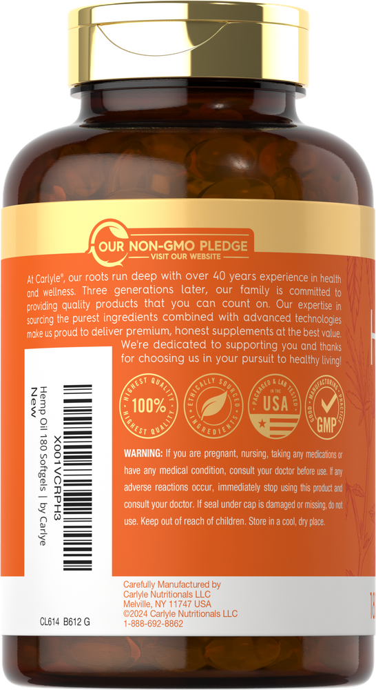 Brown bottle containing 180 amber Hemp Seed Oil Softgels, 126,000 mg total.