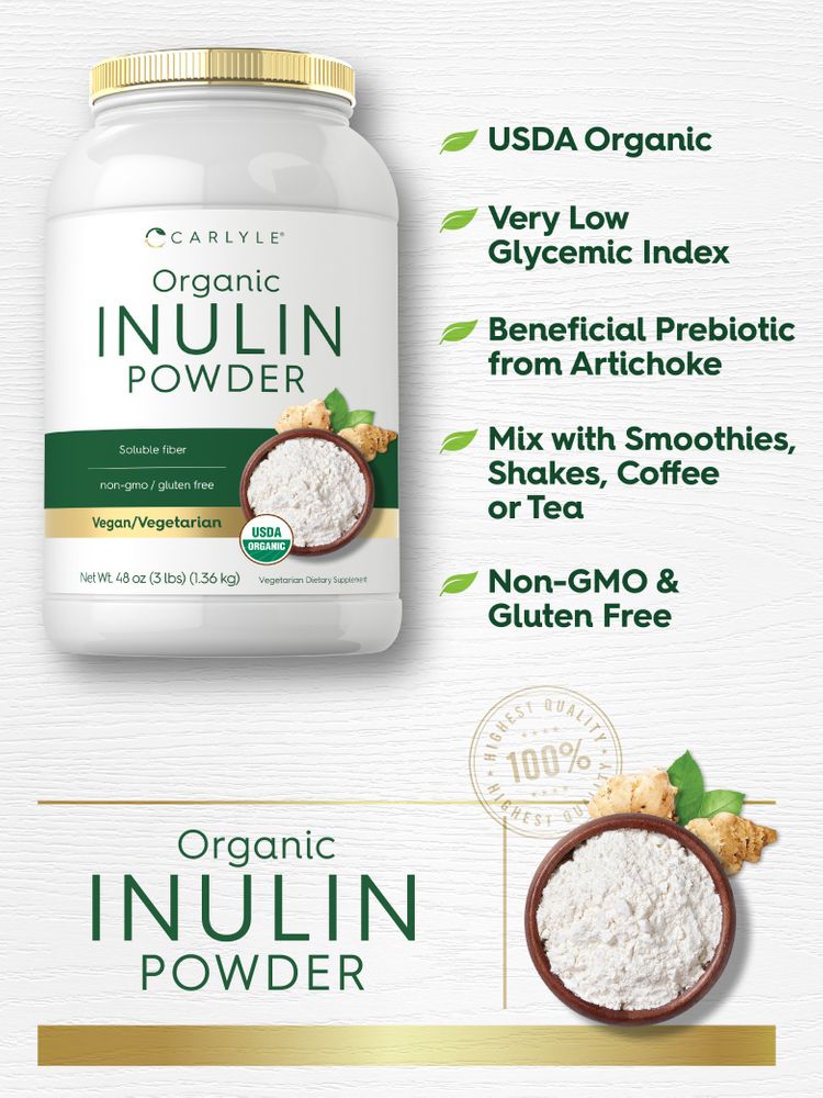 Large jar of Carlyle Organic Inulin Powder, 48 oz, with a small bowl of white inulin powder and ginger root.