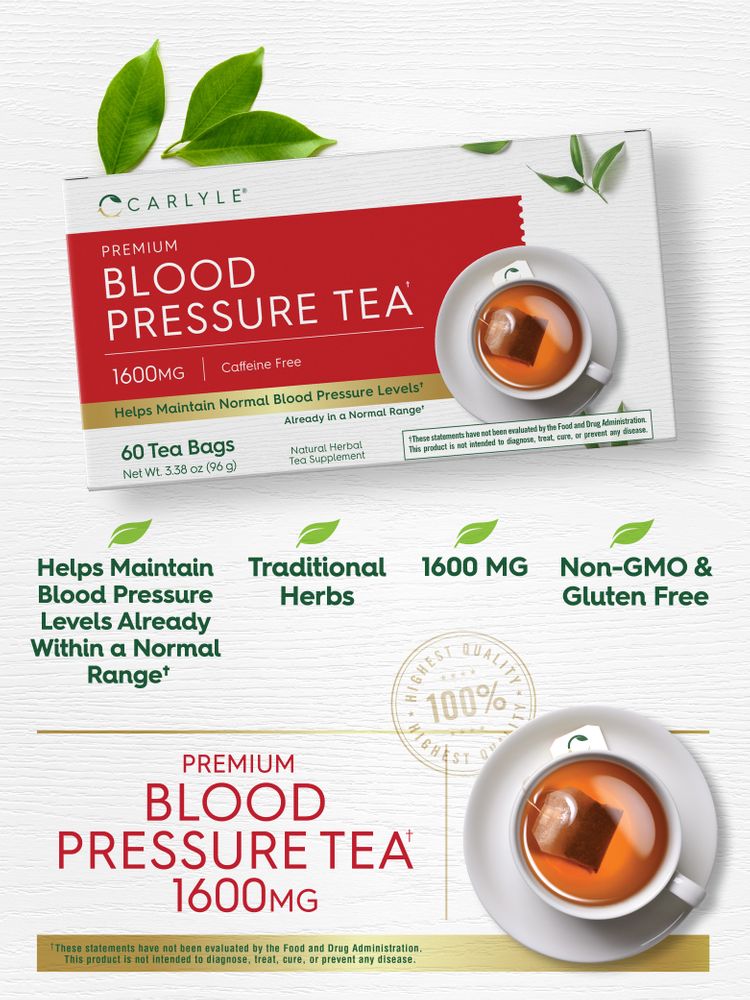 Box of 60 Premium Blood Pressure Tea bags, 1600mg, next to a cup of tea, ready to drink.