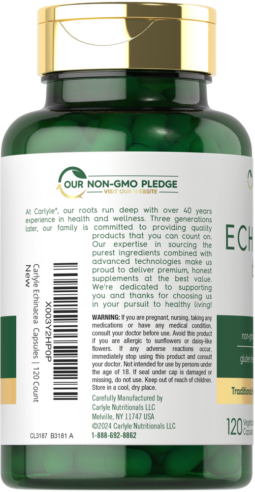 Bottle containing 120 count of Green Carlyle Echinacea 650 mg capsules.