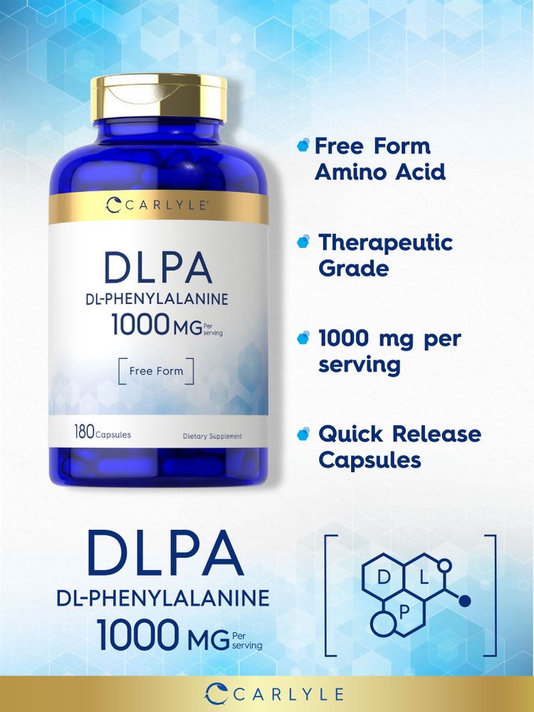 A hand holding DLPA DL-Phenylalanine 1000 mg quick release capsules, 180 count bottle, illustrating size and quantity.