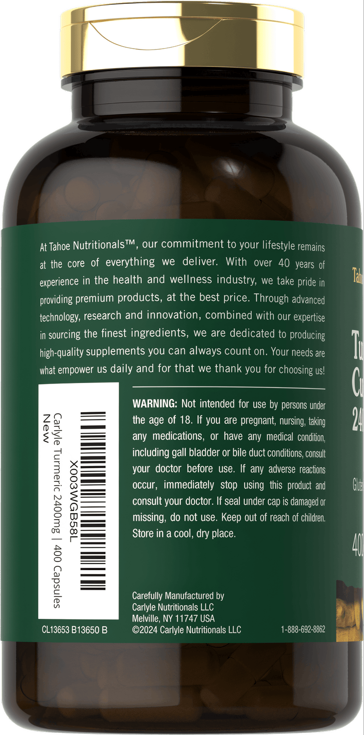Bottle of Tahoe Nutritionals Turmeric 2400 mg containing 400 capsules.